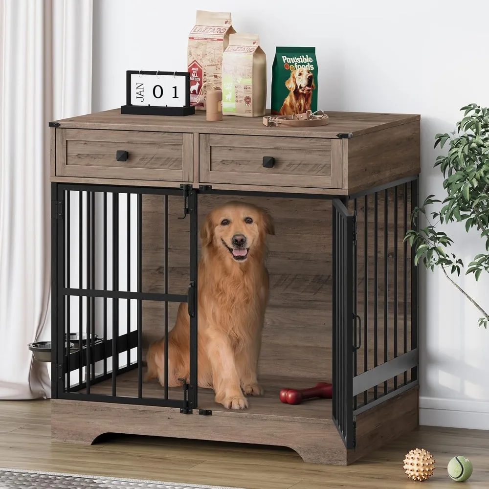 

Masterpiece Dog Crate Furniture, 35 Inch Dog Kennel Indoor Furniture With Storage Drawers Rustic Pet Cage End Table With 2 Adju