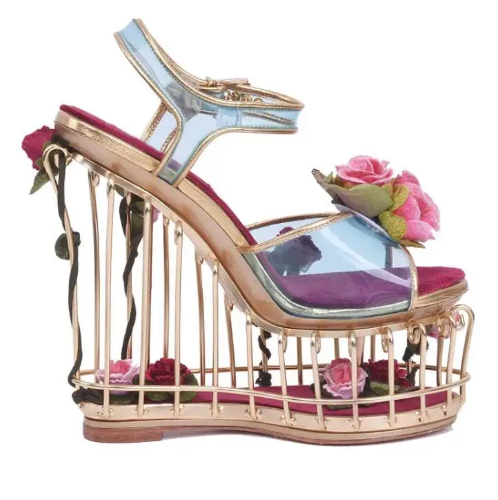 Luxury Rose Flower Twined Gold Bird Cage Wedge Sandals Fretwork Platform Blue PVC Ankle Strap Wedding Shoes Female Sandalias