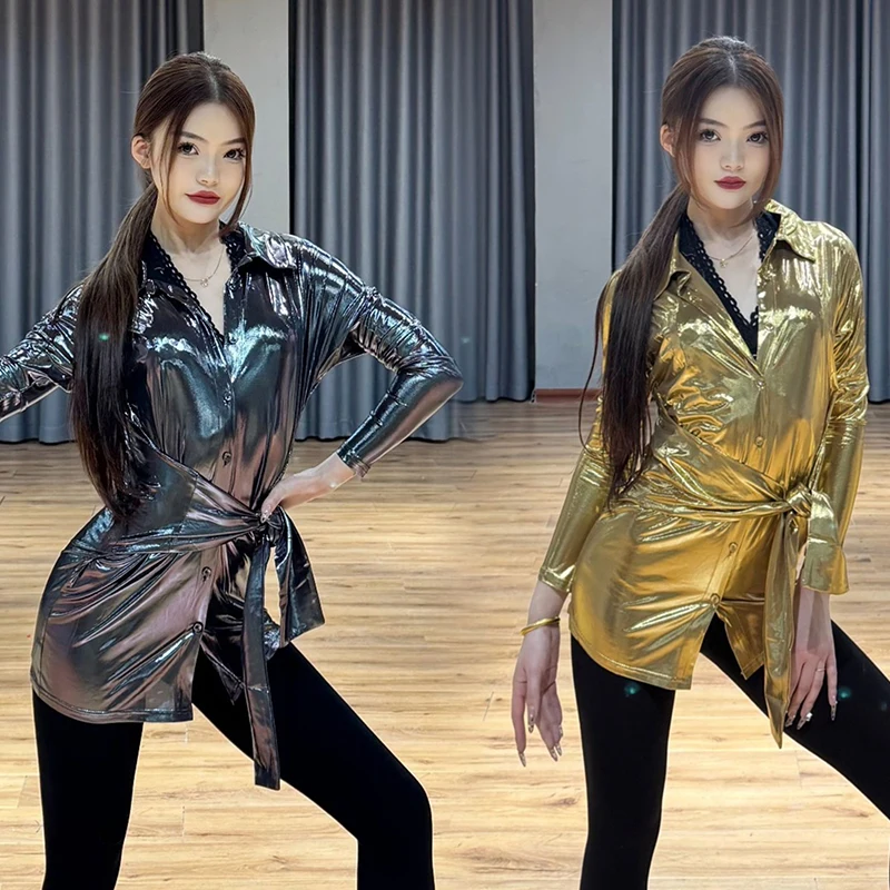 

Glossy Silver Golden Latin Dance Shirt Women Long Sleeves Practice Performance Tops Adult Club Samba Rumba Dance Wear DNV22542
