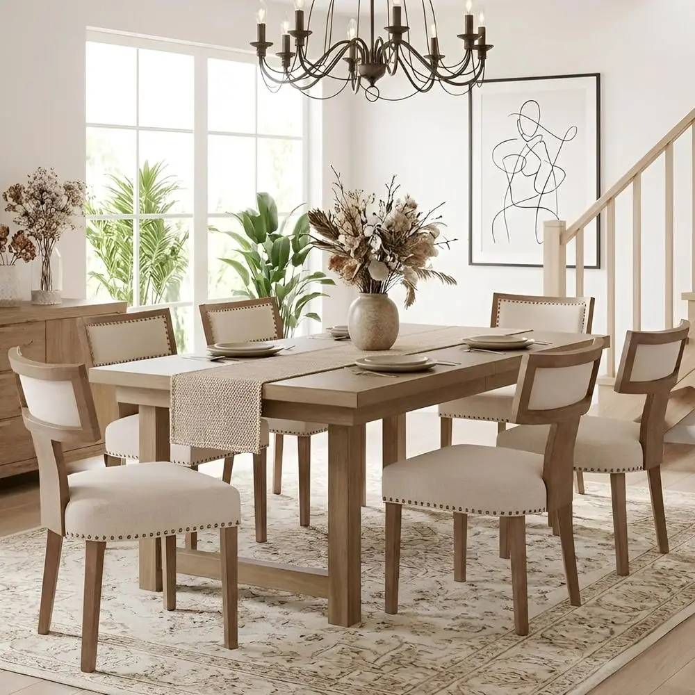 

Linen Upholstered Dining Chairs Set of 6, Curved Backrest with Nail Trim, Hardwood Legs, Beige