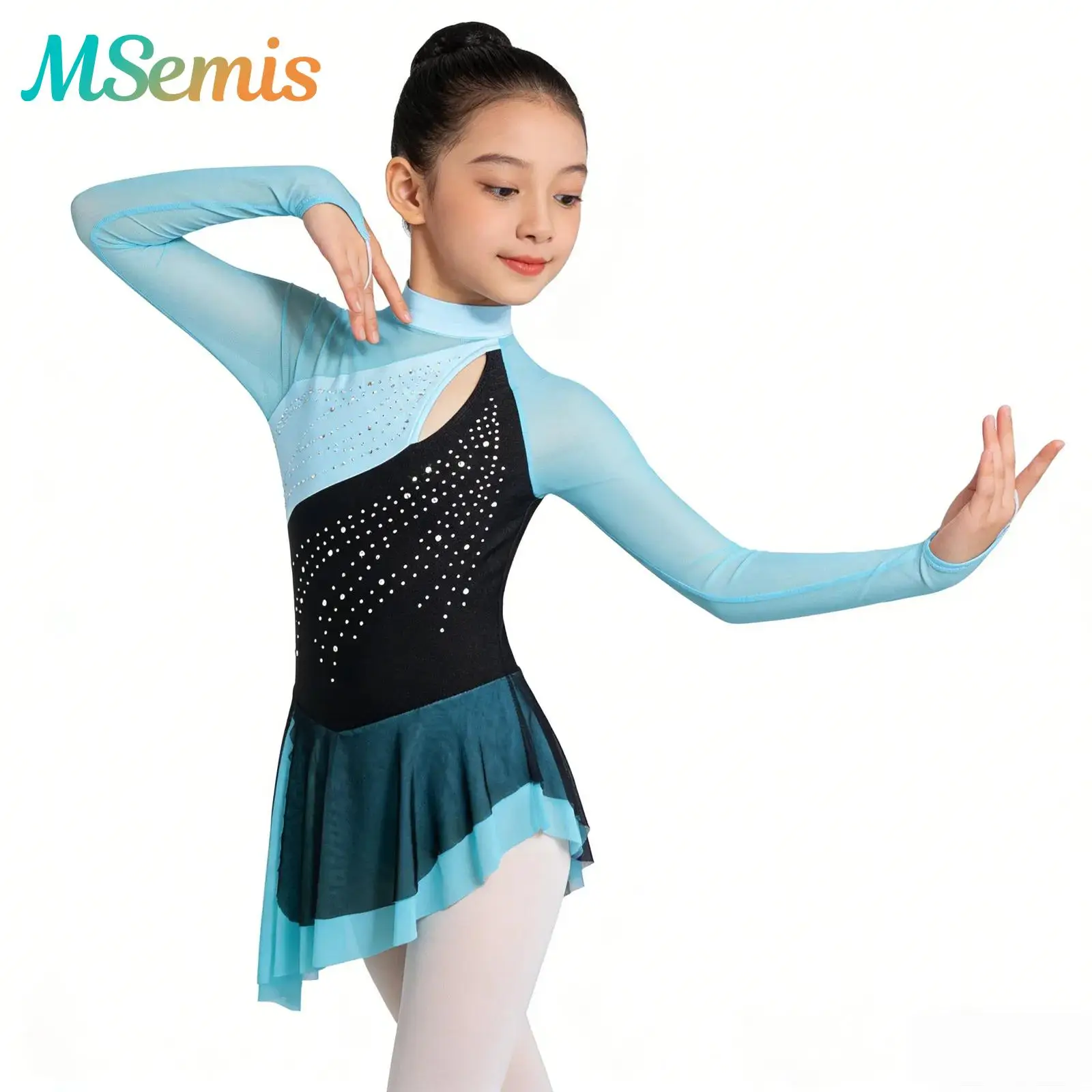 

Kids Girls Shiny Rhinestone Lyrical Dance Dress Long Sleeve Ballet Dancewear Long Sleeves Finger Holes Figure Skating Costume