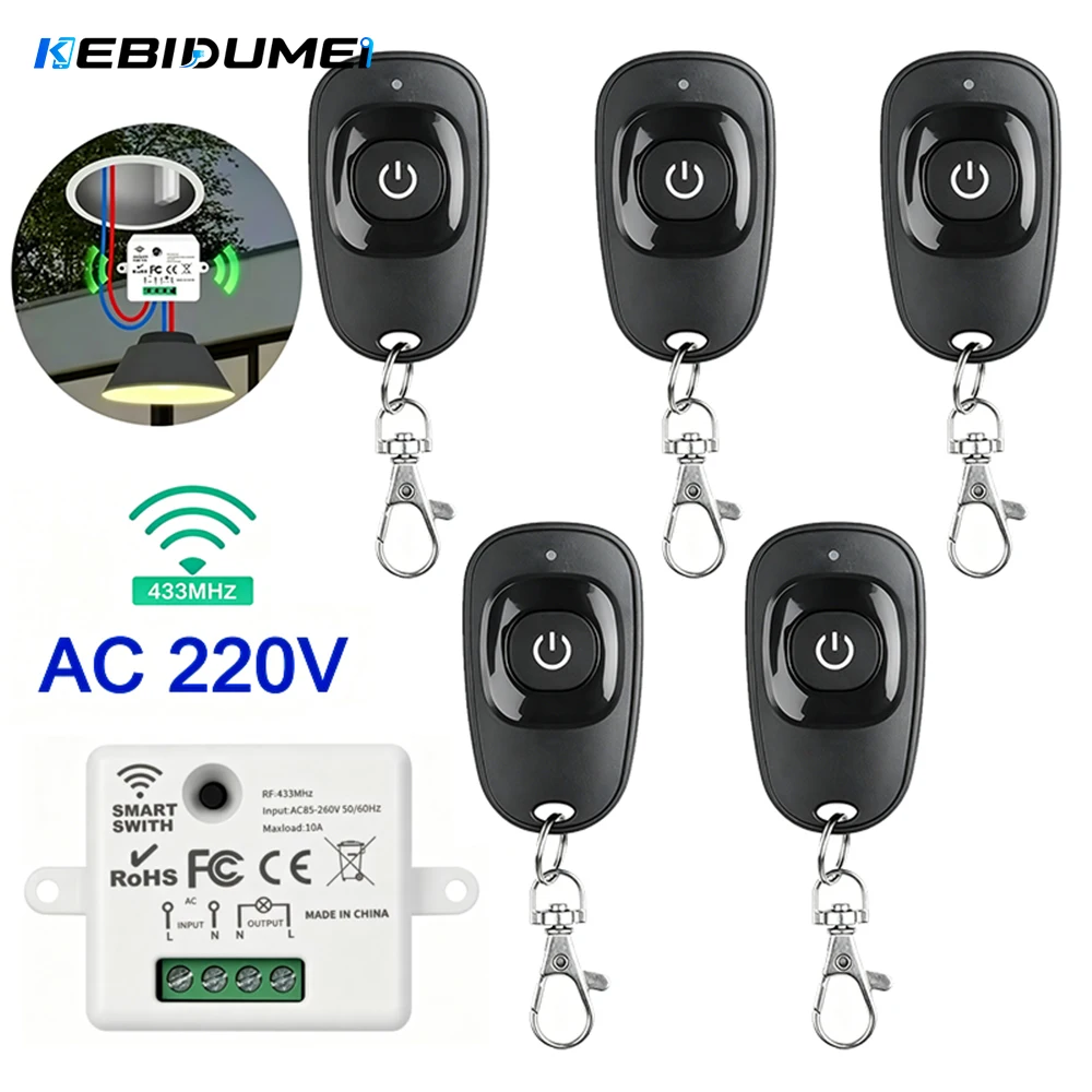 KEBIDUMEI 5Pcs 433MHz Mini Wireless Remote Receiver 110V/220V 10A Relay Universal Remote Control Switch For Home LED Light Lamp