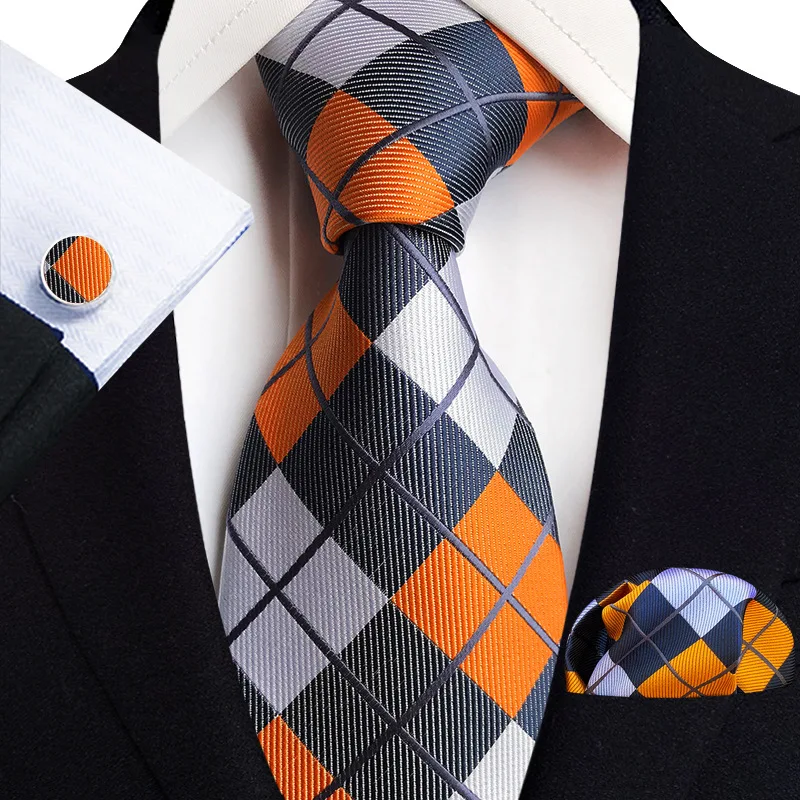 Orange Neuheit Krawatten für Männer Plaid Blume Design Seide Hochzeit Krawatte für Männer Taschentuch Manschetten knöpfe Geschenke Business Party Anzug Fliege