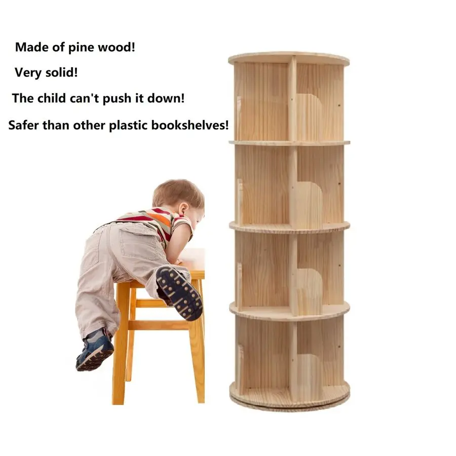 Rotating Wooden Bookshelf 360 Display 4 Tier Floor Standing Bookcase Storage Rack for KidsampAdults Solid Wood Bookshelf Organiz