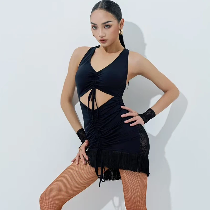 2025 high-end vestido de dança latina para mulheres sexy oco borla prática vestido adulto chacha rumba vestido de competição latina dqs18888