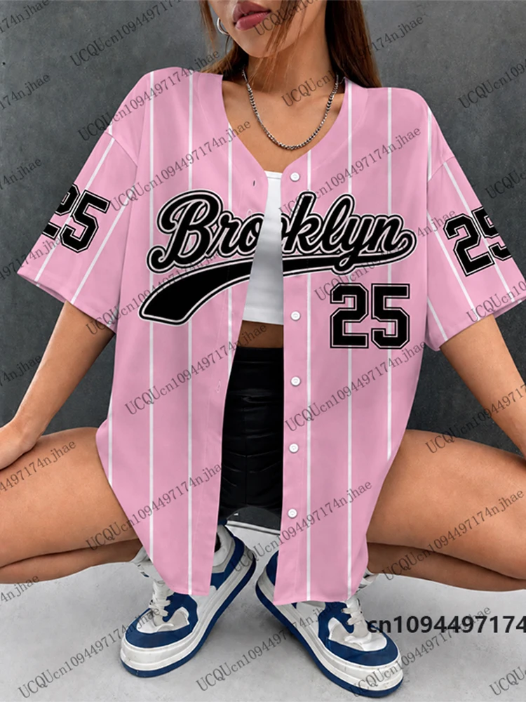 Summer New Retro Pink Brooklyn 25 Stripe Print Streetwear Baseball Shirt For Women Men Hip Hop Blouse Short Sleeve Button Up Top