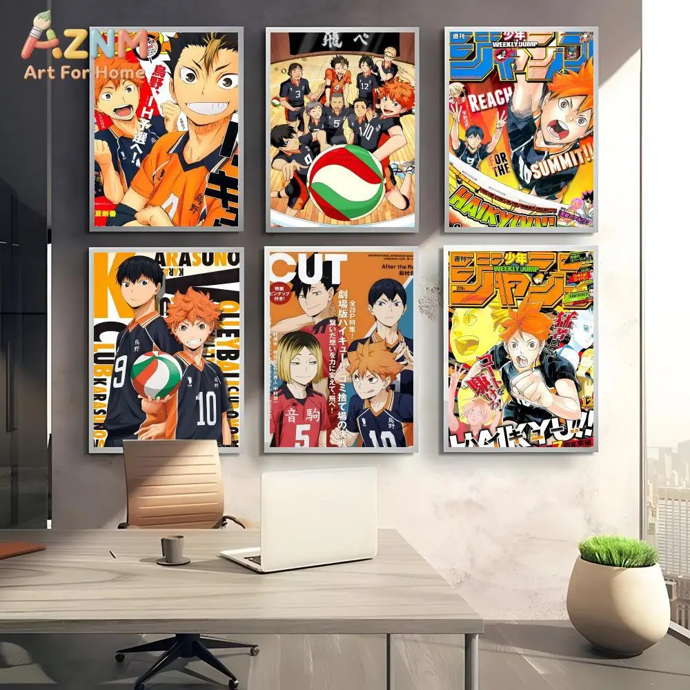 AZNM Haikyuu Anime Poster Volleyball Shoyo Hinata Tobio Kageyama Yu Nishinoya Manga Magazine Style Canvas Painting Wall Art Home