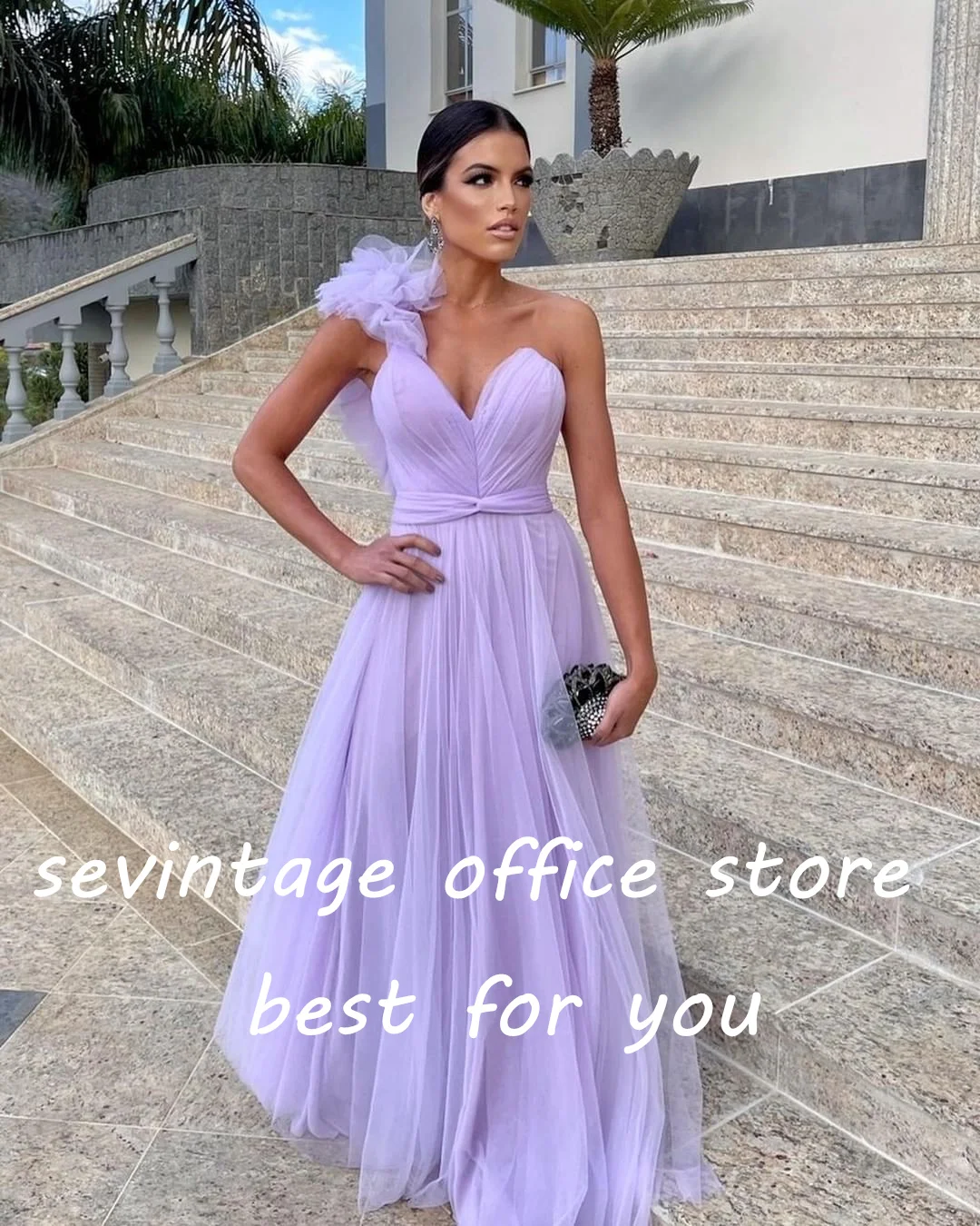 Sevintage elegante lavanda Tulle abiti da ballo una spalla senza maniche pieghe increspato a-line abiti da sera abito da festa formale 2023