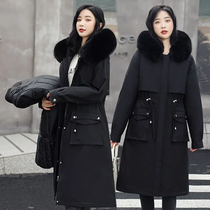 エレガントな冬用ファーフード付きダウンジャケット レディース服 コットンパッド入りコート 暖かい厚手ロングパーカー 冬用レディーススノーパファージャケット