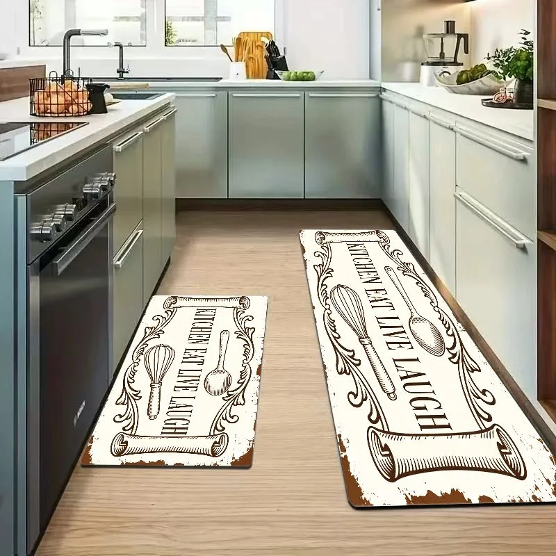 VIKAMA Vintage Dark Wood Letter Sketch Kitchen Runner Mat Set Non Slip Water Oil Proof Kitchen Home Decor
