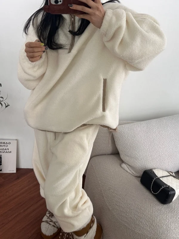 Korean Sle Warm Fluffy Loose Waist Sweatirt Women's Outerwear Elastic Waist Sweatpants Two-Piece Set Faionable Versatile
