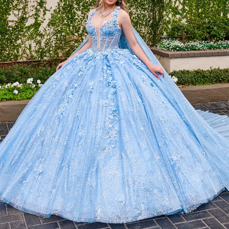 

Sky Blue Shiny Quinceanera Dresses Ball Gown Lace Applique Beaded Tiered With Cape Corset Sweet 16 Dress Vestido De 15 Anos