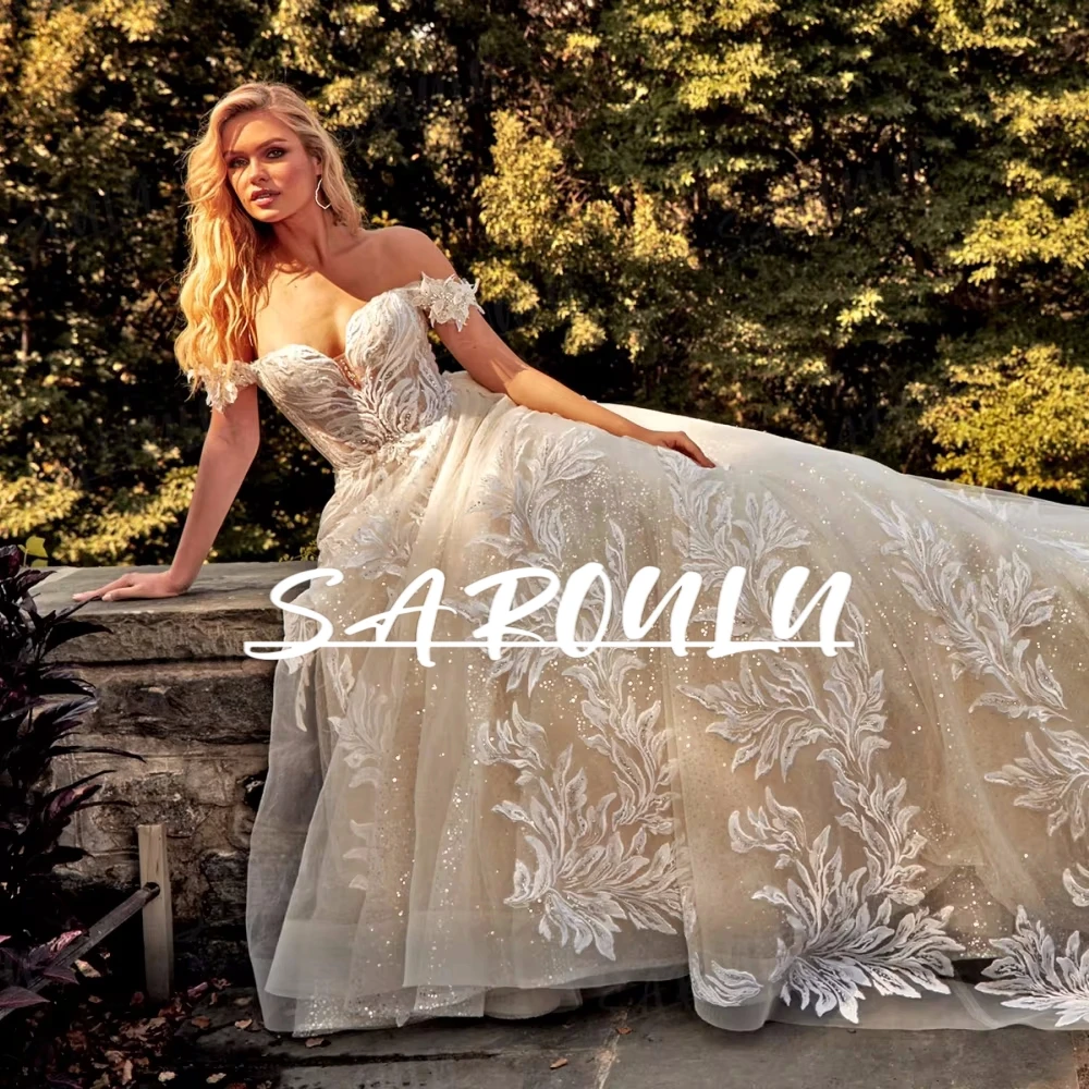 

Blush Off-Shoulder Wedding Dress Hand Embroidered Ball Gown Bridal Gown Sequin Underlay Chapel Train Bride Dresses Abito Da Spos