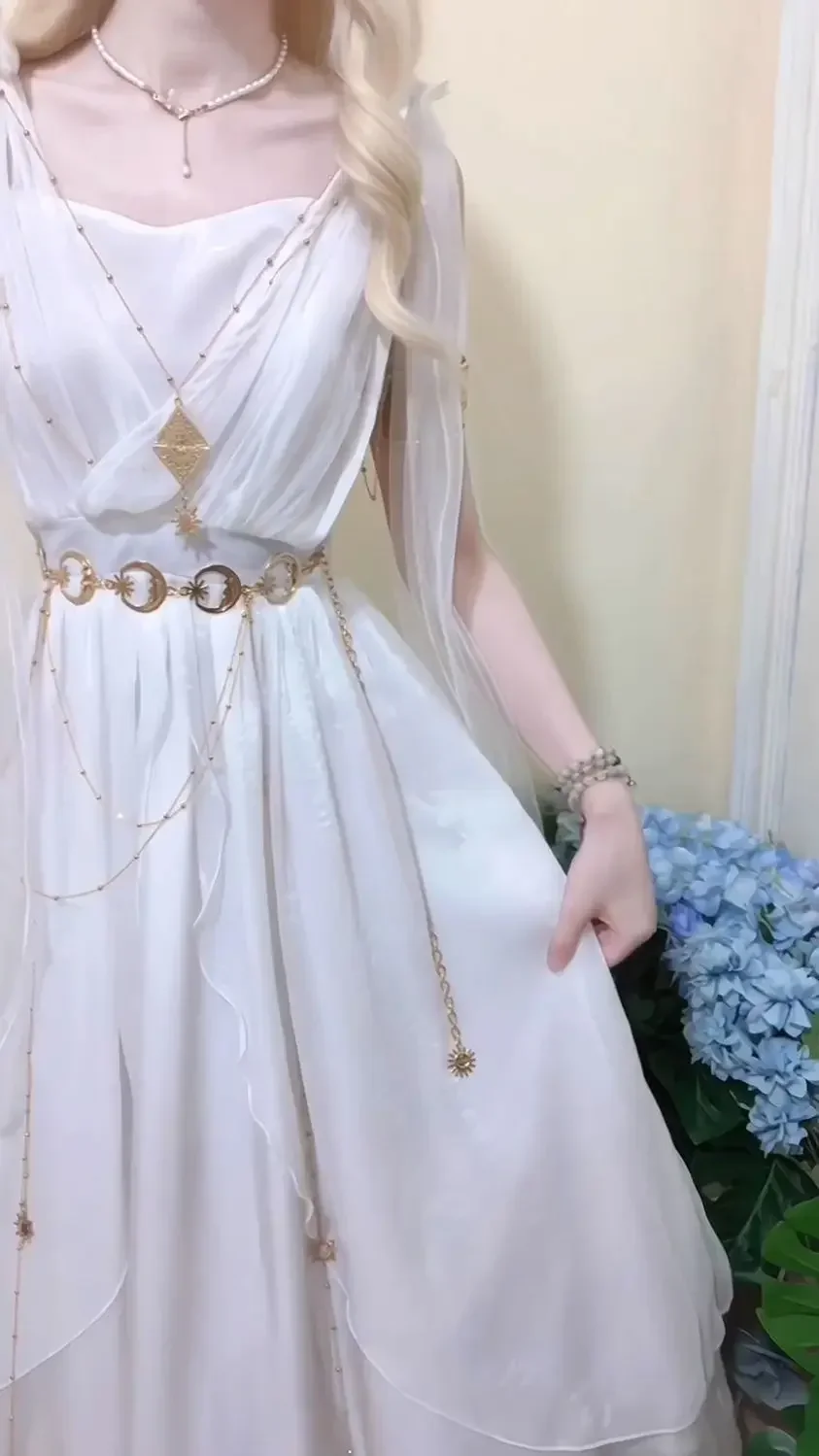 الله اليونانية الحلو خمر فستان جنية بيضاء المرأة الصيف المحكمة نمط هان عناصر الشيفون أنيقة العائمة حزام فساتين طويلة