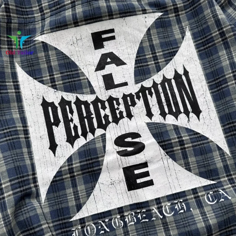 High Quality 25FWFalse Perception Cross Logo Plaid Long Sleeve Shirt Street Loose Brand Mens Womens Shirt