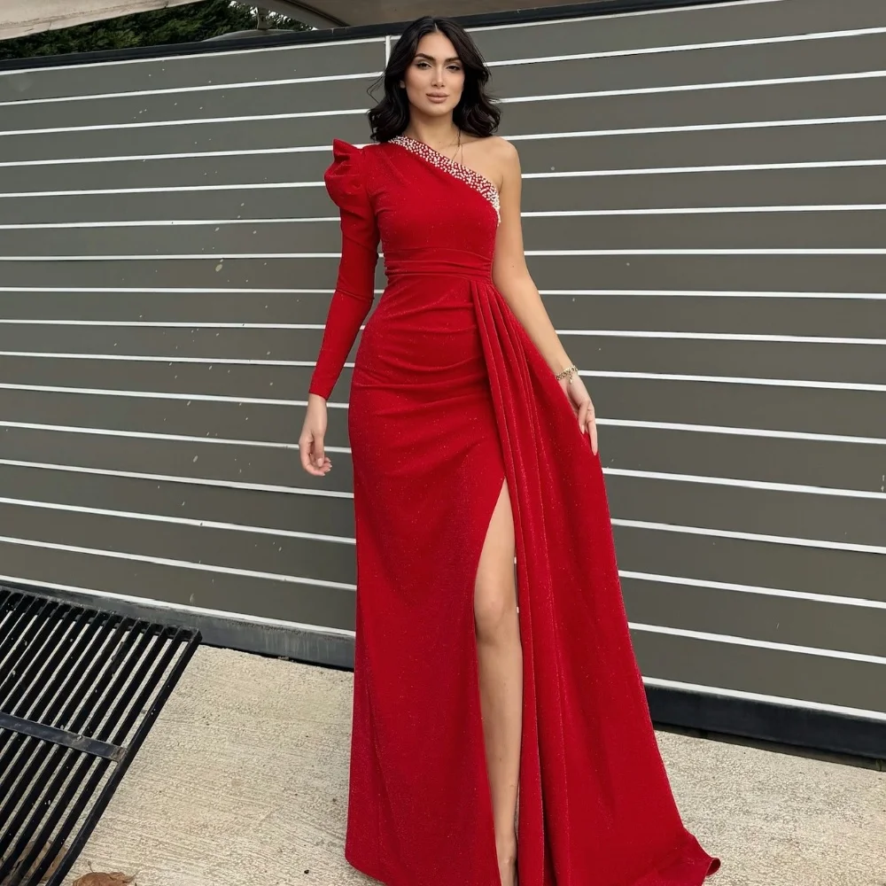 

Customized Matching Sexy Pleat Beading Sequined Pleat Draped A-line One-shoulder Long Dresses Bespoke Occasion Dresses Fashion