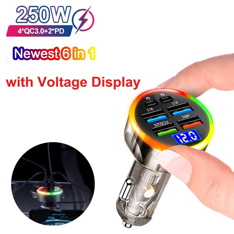 Super Fast Charge Car Phone Charger Adapter with Voltage Display 250W Multi Port Cigarette Lighter USB Charger with Volt Meter