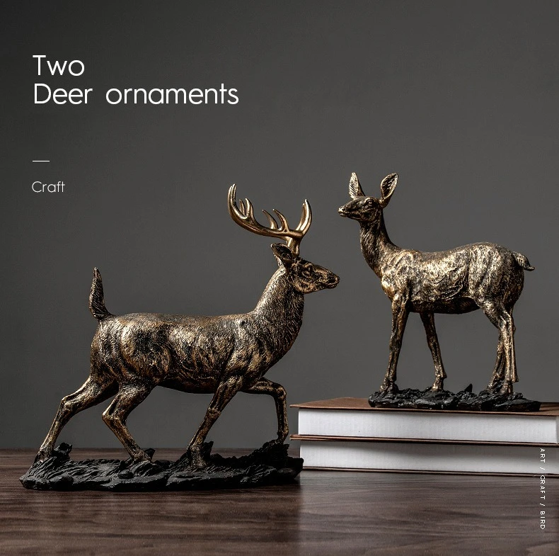 Golden Deer Statue Resin, Vintage Buck and Doe Deer Figurine Pair with Antlers, Living Room TV Cabinet Desktop Decor