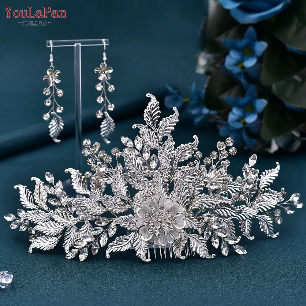 YouLaPan HP512 Wedding Crown Bridal Tiara with Comb Alloy Leaf Women Wedding Hair Accessories Jewelry Bride Headdress Earring