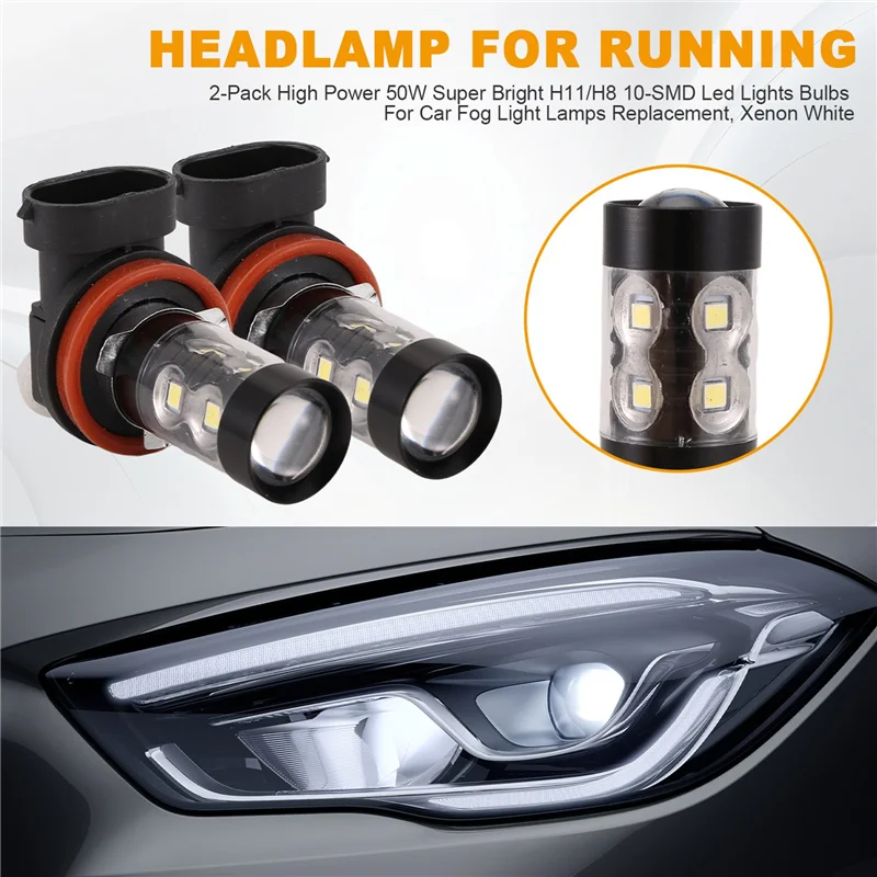 

Premium 2-Pack High Power 50W Super Bright H11/H8 10-SMD Led Lights Bulbs For Car Fog Light Lamps Replacement, Xenon White