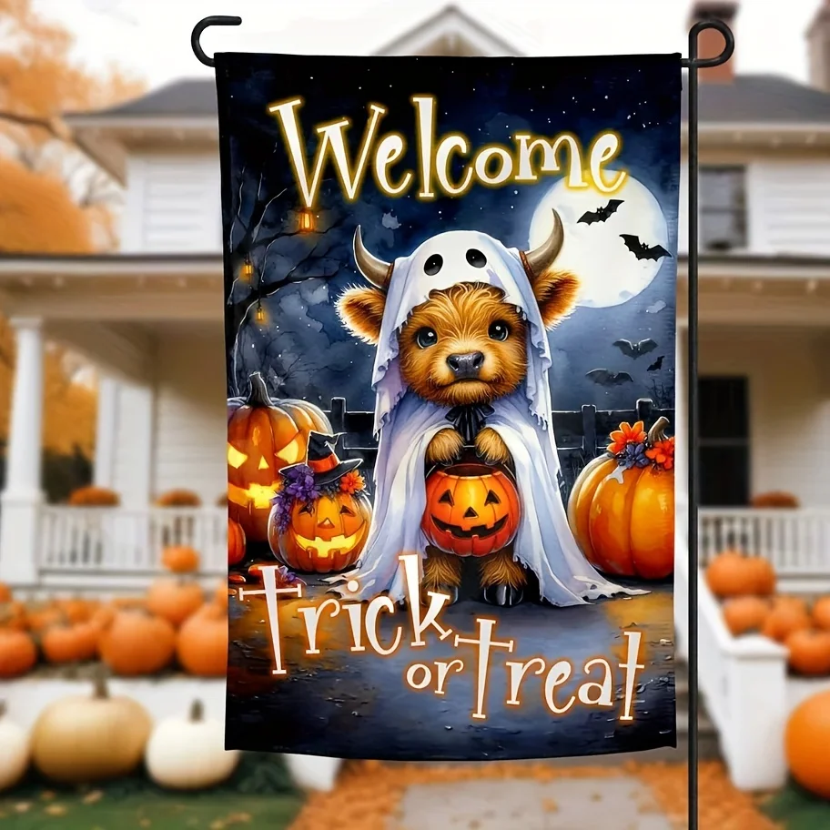 Highland Cattle Halloween Garden Flag - Double-Sided, Watercolor Country Design for Patio & Lawn Decor, Durable Polyester, 12x18 or 28x40 Inch (Flag Only)