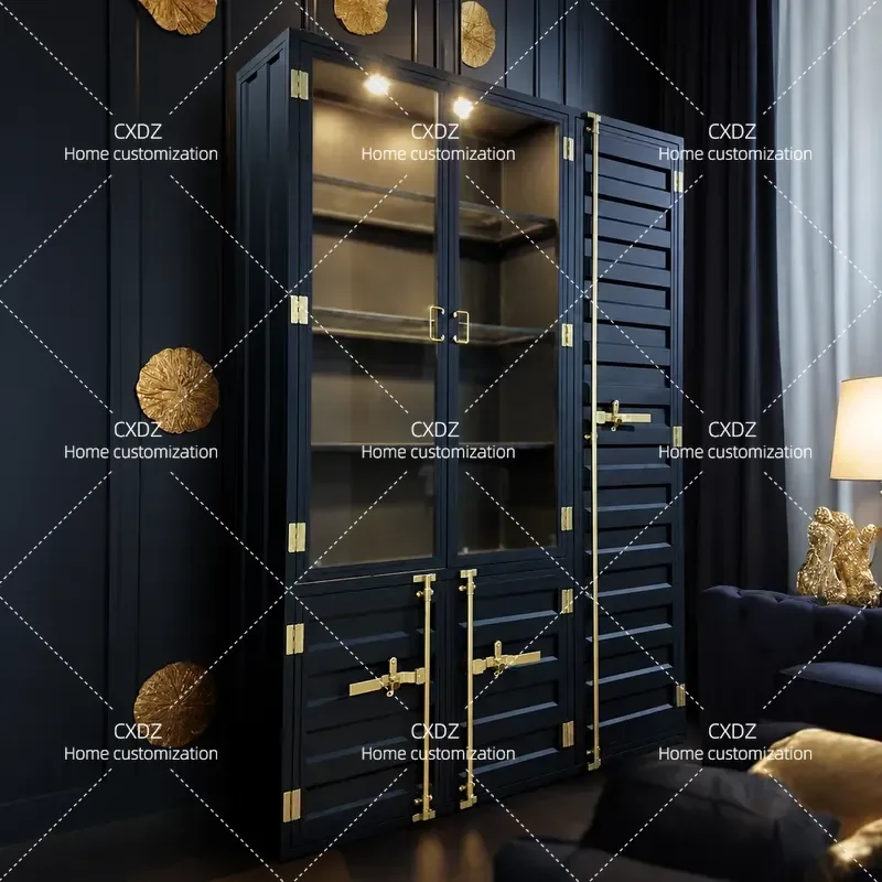 Industrial wind container bookcase display wrought iron cabinet locker storage cabinet vertical cabinet glass wine
