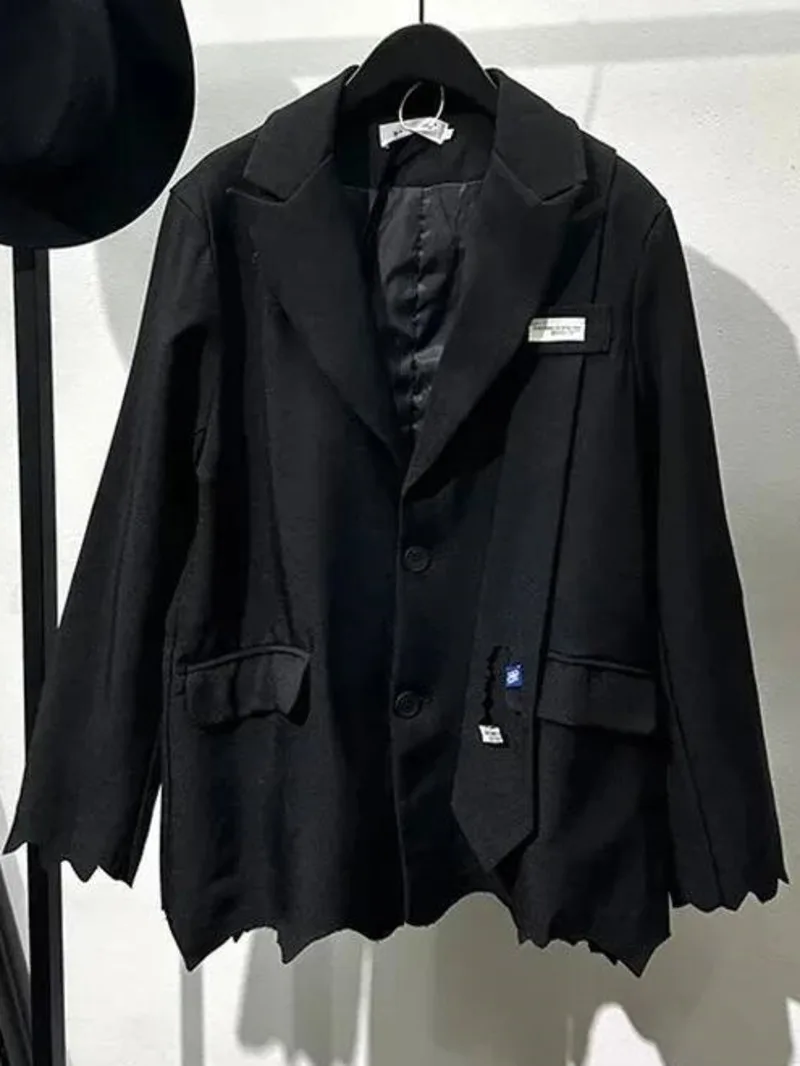 Trendy Male Frayed Hem Blazer Fashionable Irregular Niche Design Long Sleeve Solid Color Suit Jacket Fashion Tops ZA36