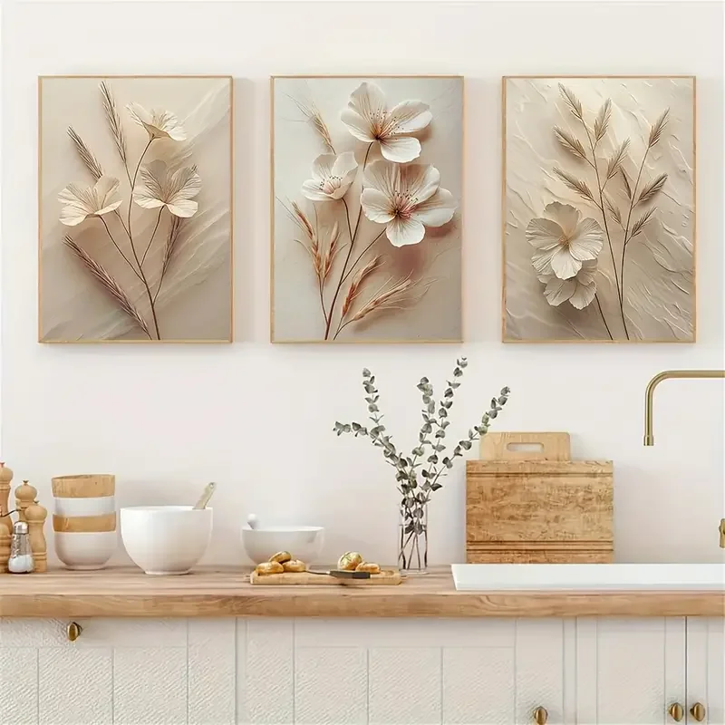 3-Piece Set of Modern Beige Plant Canvas Wall Art Prints, Frameless Poster for Living Room Decor, Indoor Portrait Orientation, O