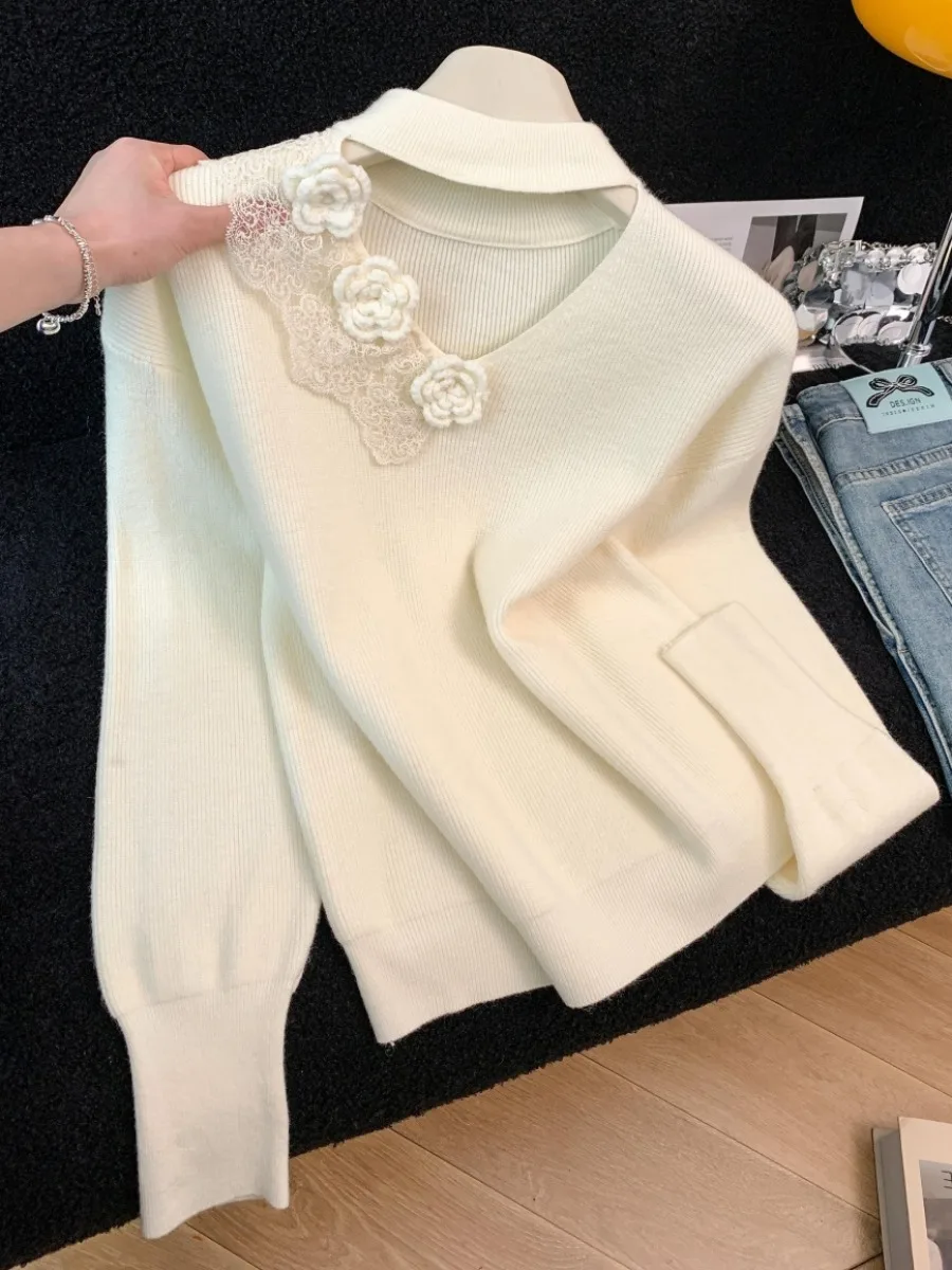 المرأة محبوك سترة الجوف خارج عالية الياقة ثلاثية الأبعاد زهرة تصميم الخريف الشتاء جديد Sle النسخة الكورية سليم صالح Camere