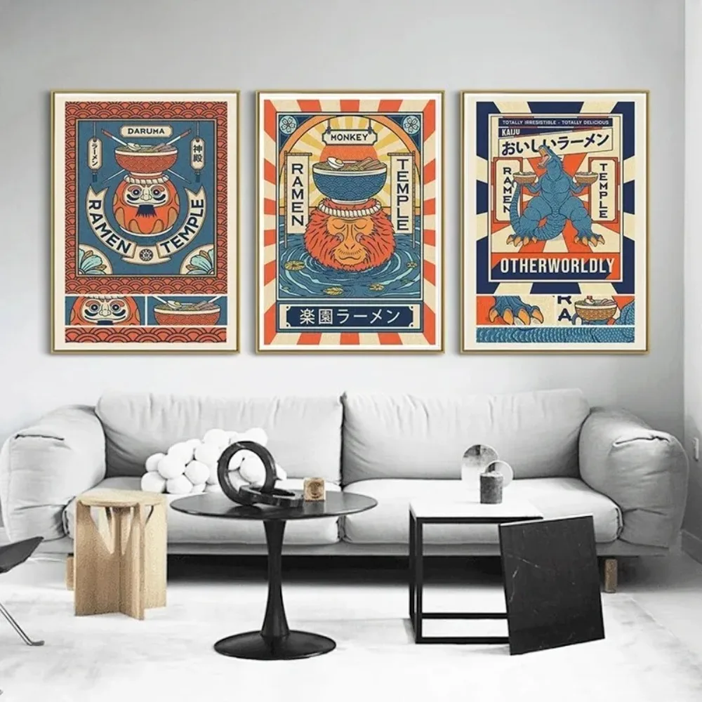 1pc Frameless Retro Illustrator Japanese Ramen Art Poster Animal Ramen Sushi Painting Wall Art Decor Kawaii Room Decor Canvas