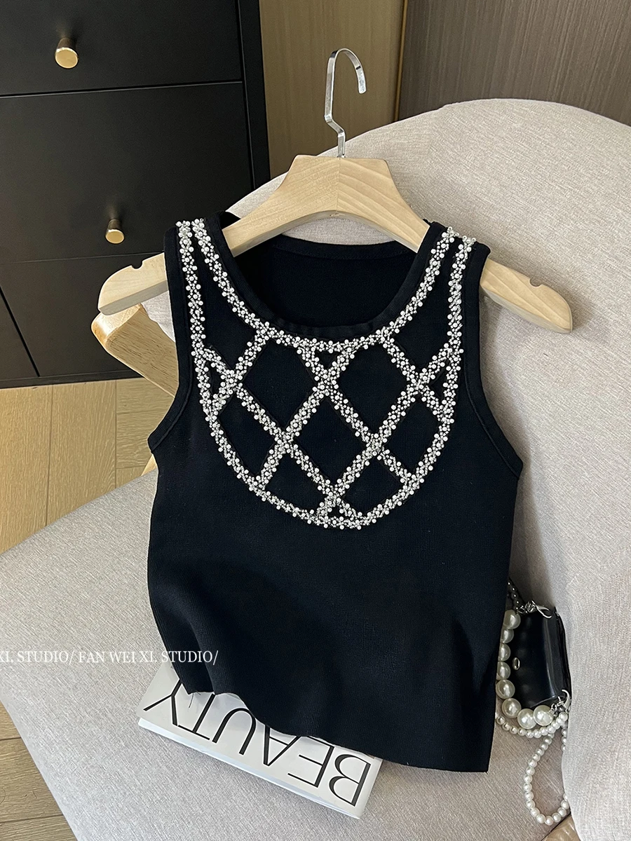 Ice Silk Knitted Top for Women 2024 Summer Clothes New French Heavy Beaded Slim-Fit Short Sleeveless Camisole Ladies Tanks Top