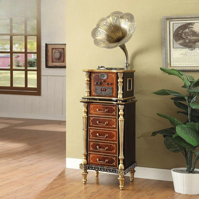 

French retro mahogany carving vintage phonograph European living room home antique furniture