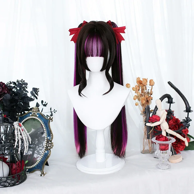 Misto rosa viola Harajuku parrucca coda di cavallo lungo dritto Cosplay marrone scuro frangia fata ragazze male principessa accessori per capelli