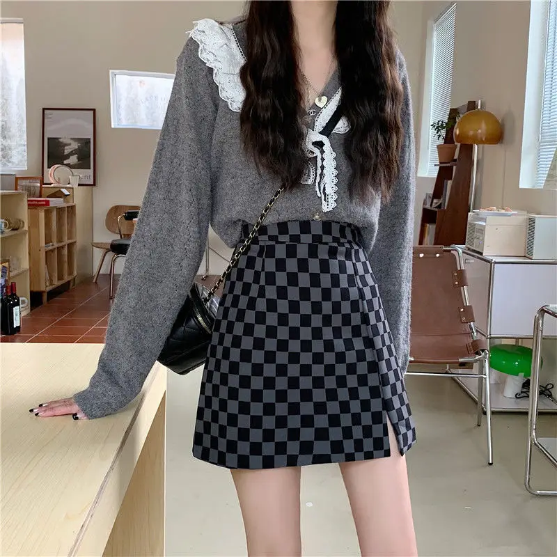 High Waist Mini Skirts Woman Fashion 2024 Summer Satin Korean Style with Side Slit Split Plaid Skirt for Women Clothing Vintage