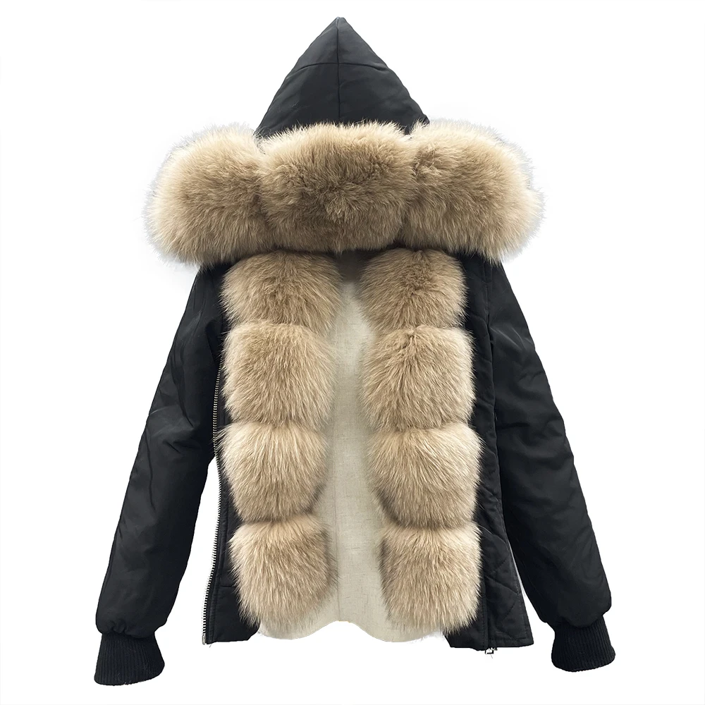 

JANEFUR Winter Coat Women 2023 Fashion Luxury Black Bomber Jacket with Real Fox Fur Trim Hood Warm Short Faux Fur Lined Parka