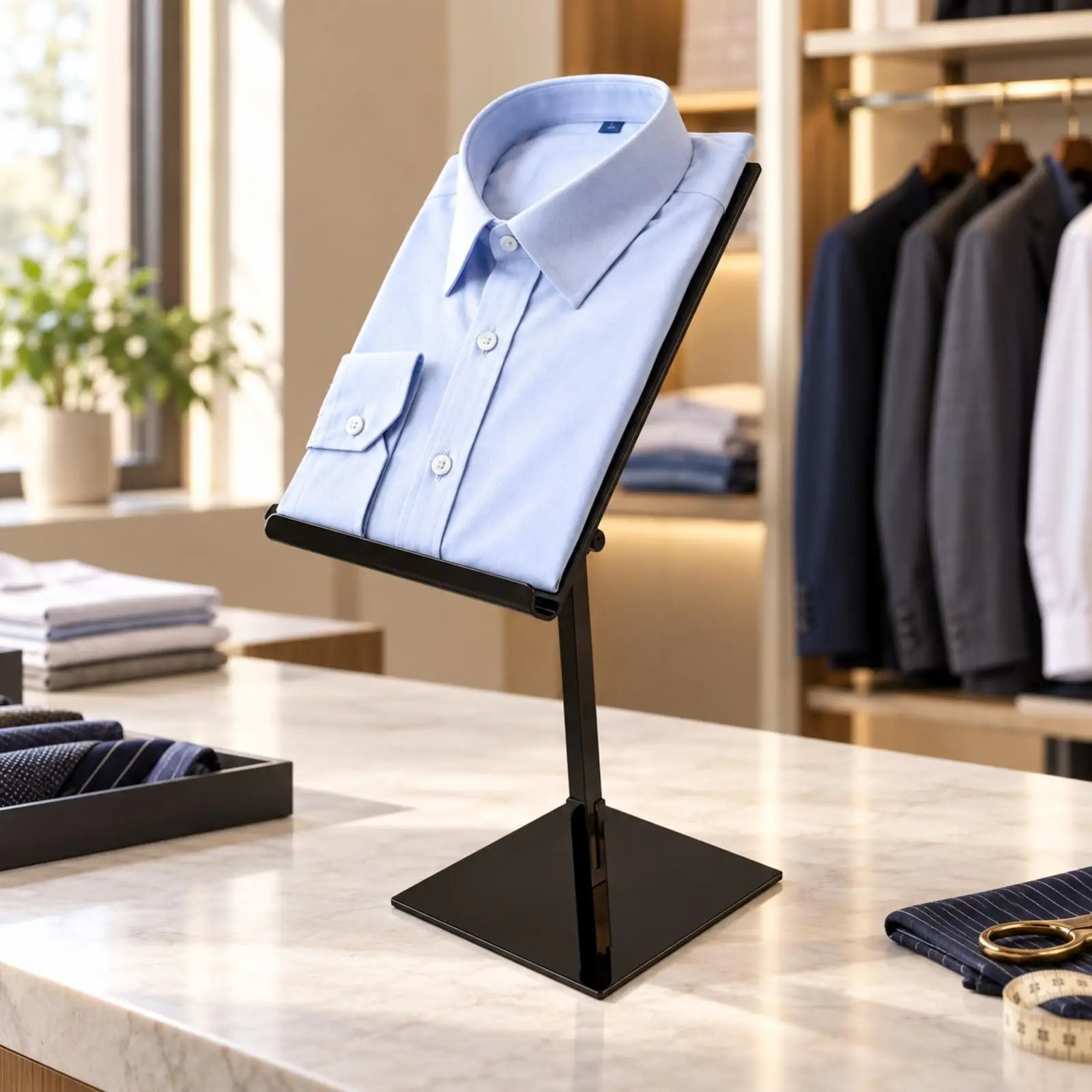 Reflective Steel Shirt Presentation Board Stand for Retail Clothing Display with Stable Base and Retaining Tabs