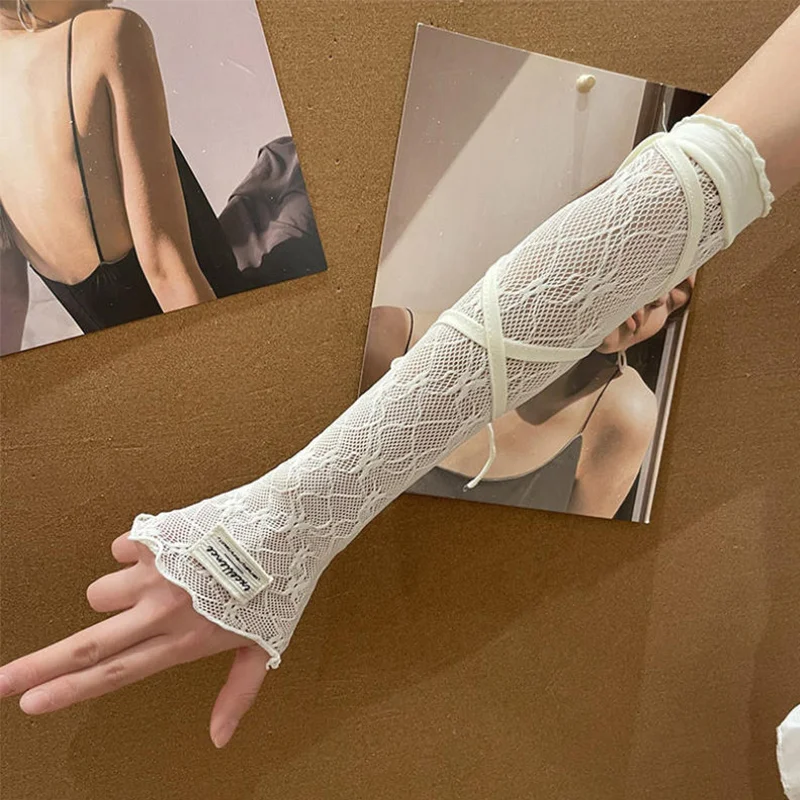 

2026 Y2K Millennium Hot Girl Style Lace Fingerless Sun Protection Arm Sleeves With Straps Vintage Elegant Accessories For Women