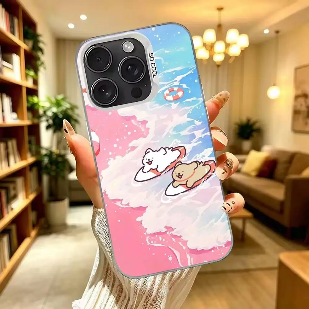 Lovely L-Line Dog Couple Phone Case For iPhone 17,16,15,14,13,12,11 Plus,Pro Max,XS,Colored Silver Plated