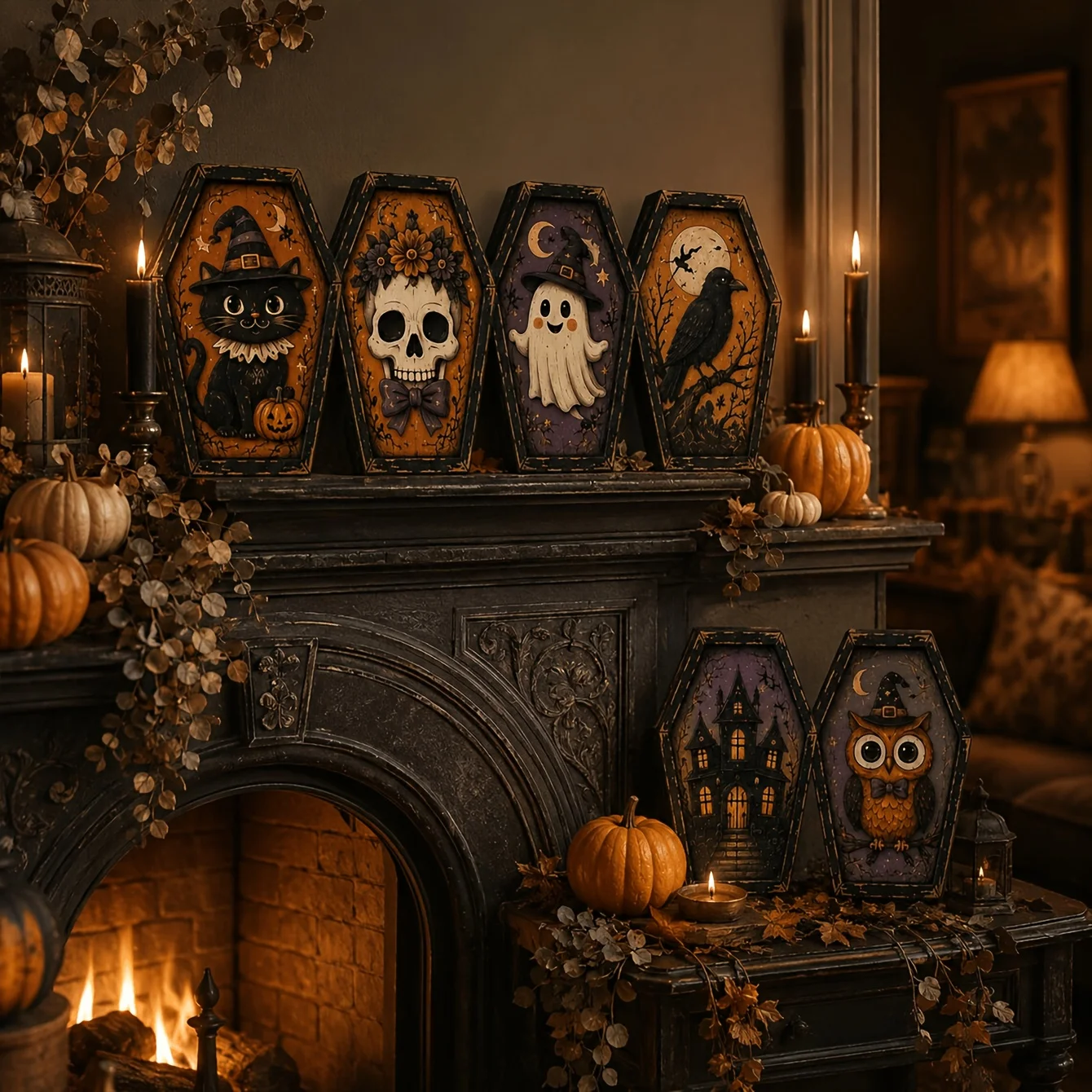 6pcs Coffin Shaped Wooden Block Table Sign Halloween Indoor Decor Entryway Door Ornament Commemorative Gift For Halloween Home