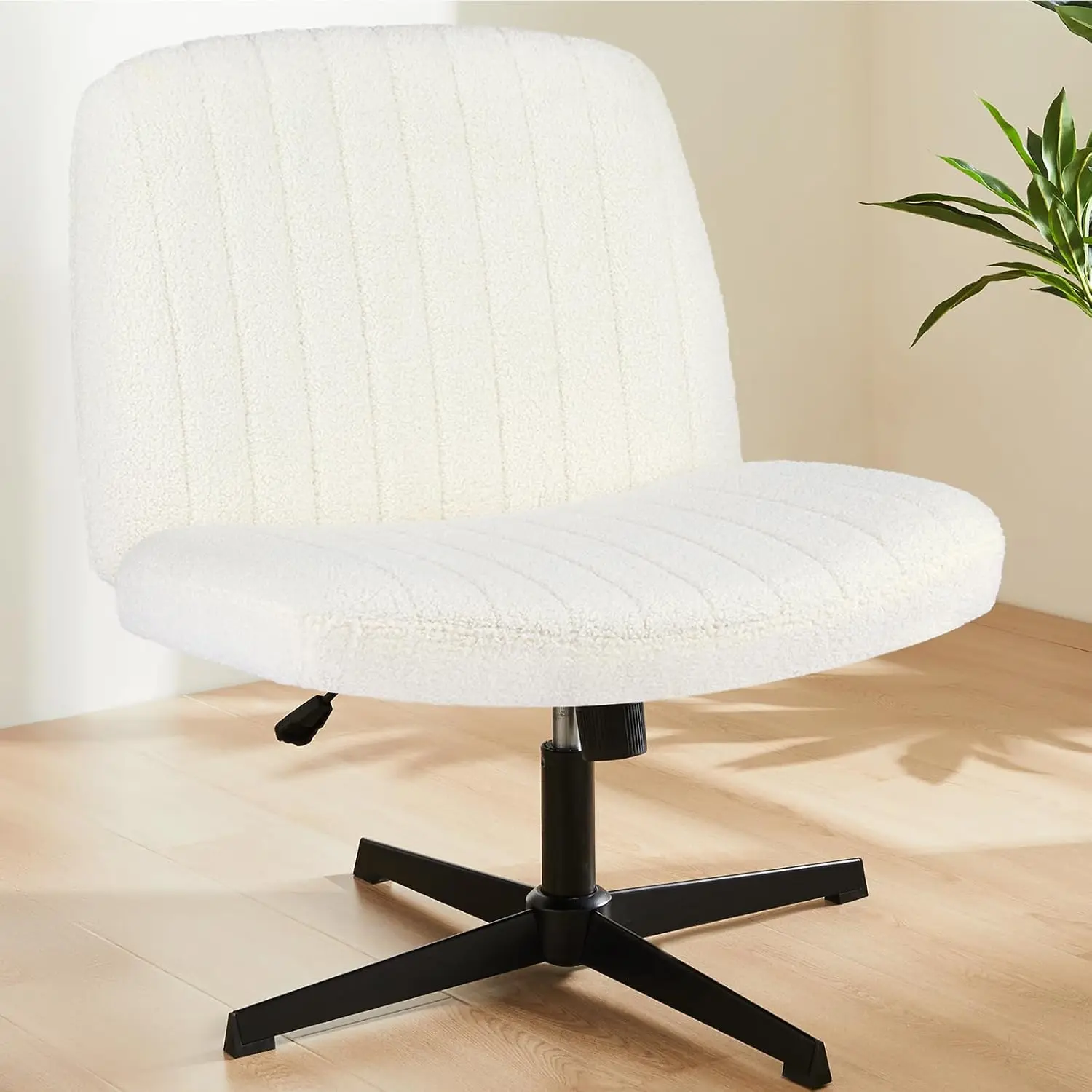 Teddy-Beige Armless Crisscross-Leg Furry Desk Chair, No Wheels, Height Adjustable Wide Seat Cute Swivel Vanity & Computer Chair for Home Bedrooms