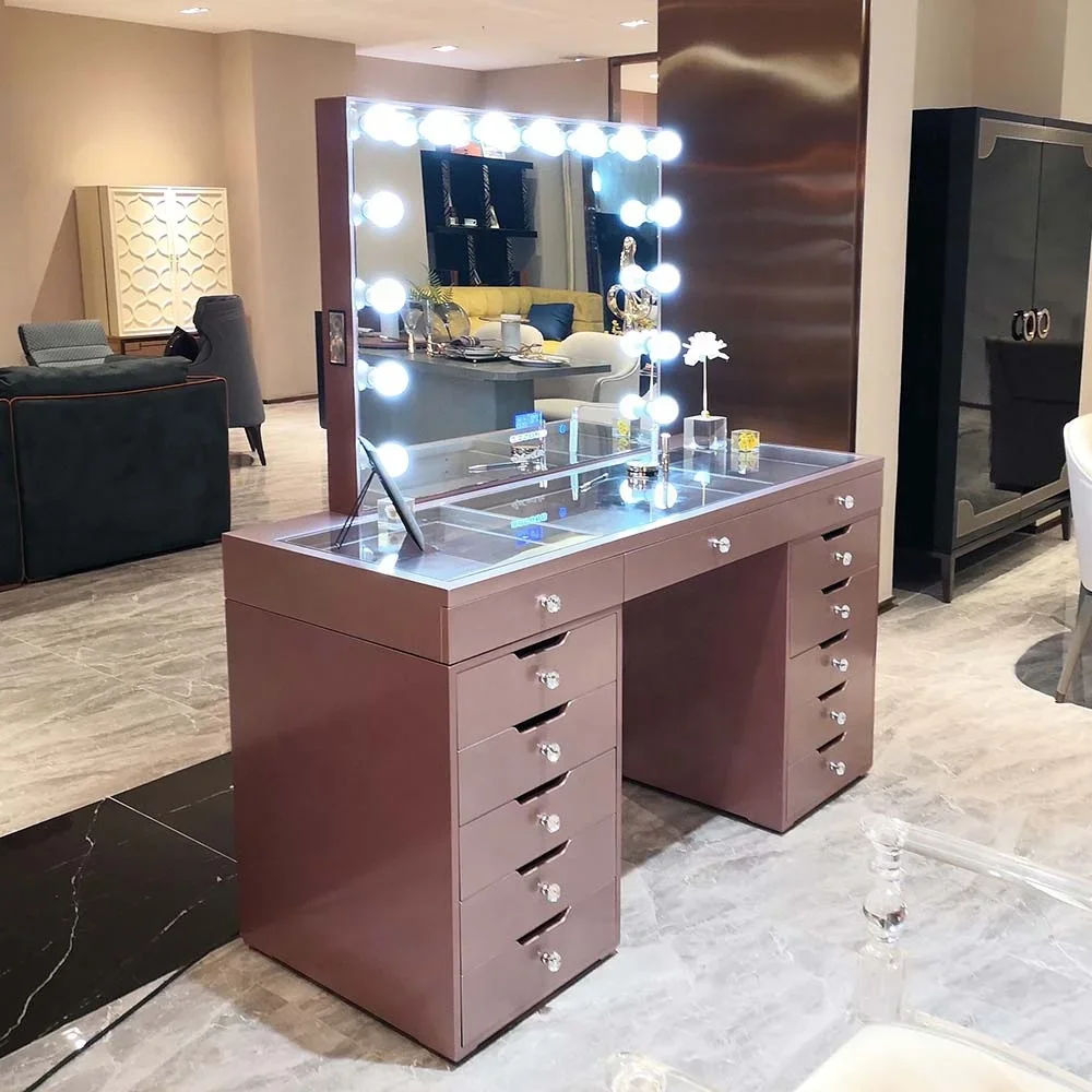 Rose Gold Dressing Table Vanity Table with Mirror Led Speaker California King Bedroom Furniture