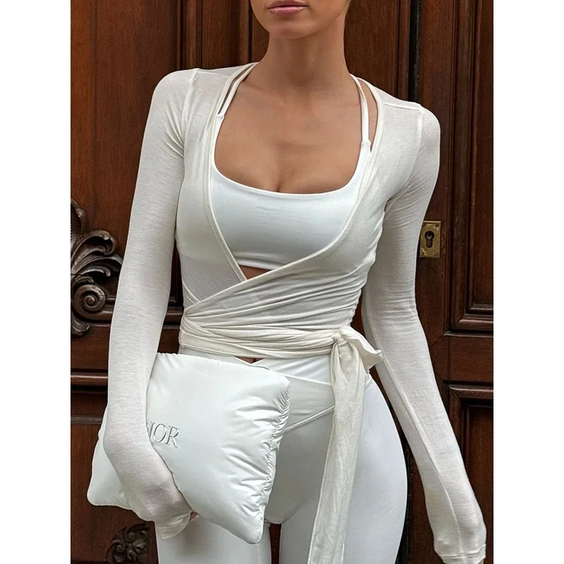 Summer Y2k Wrap T Shirts Female Yoga Solid Tees 2026  Street Chic Long Sleeve T-Shirts Casual Knitted Thin Tops Spring