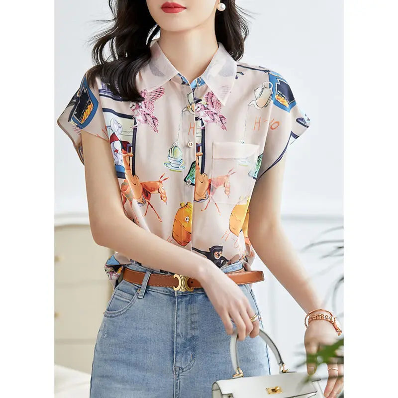 Vintage Fashion Summer New Women\'s Polo-Neck Printing Single Breasted Temperament Versatile Loose Short Sleeve Thin Style Tops