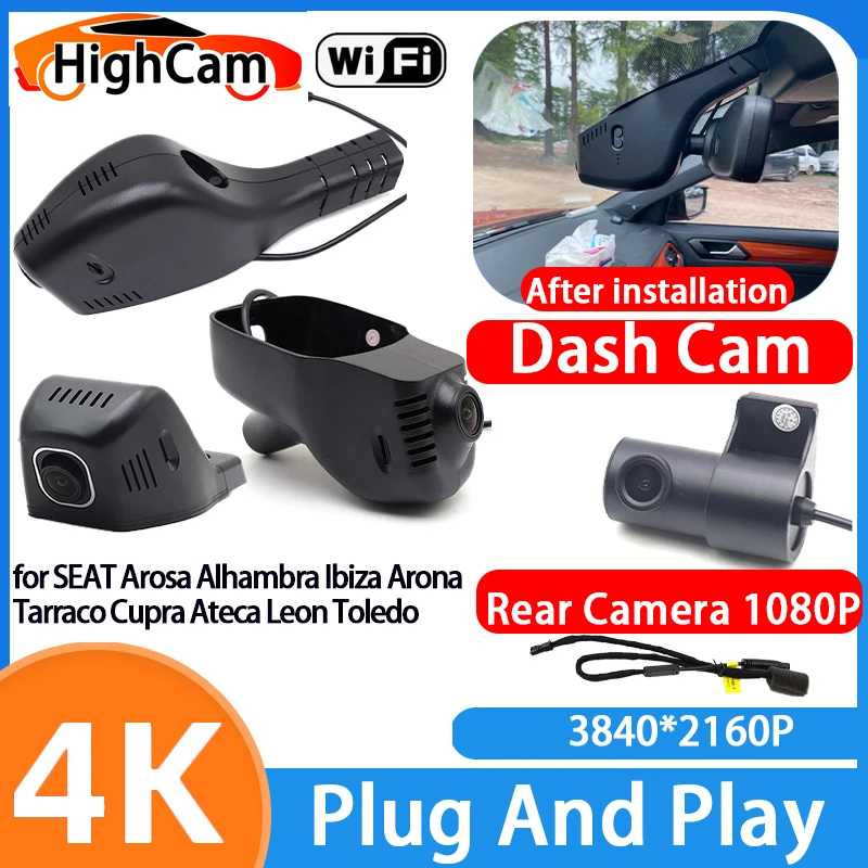 Cámara de Video DVR para Auto con Wifi 4K, Grabador de Video para SEAT Arosa, Alhambra, Ibiza, Arona, Tarraco, Cupra, Ateca, León, Toledo, con Cámara Frontal y Trasera
