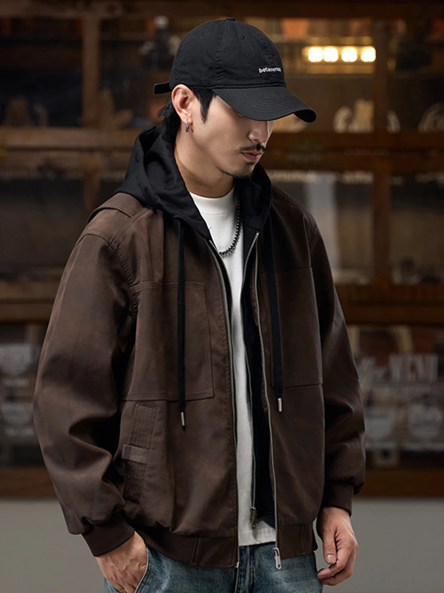 American Retro PU Leather Jaet Men's Hooded Coat Sli Casual High Glossin Autumn Winter New Arrival Fake Two-Piece Ja...