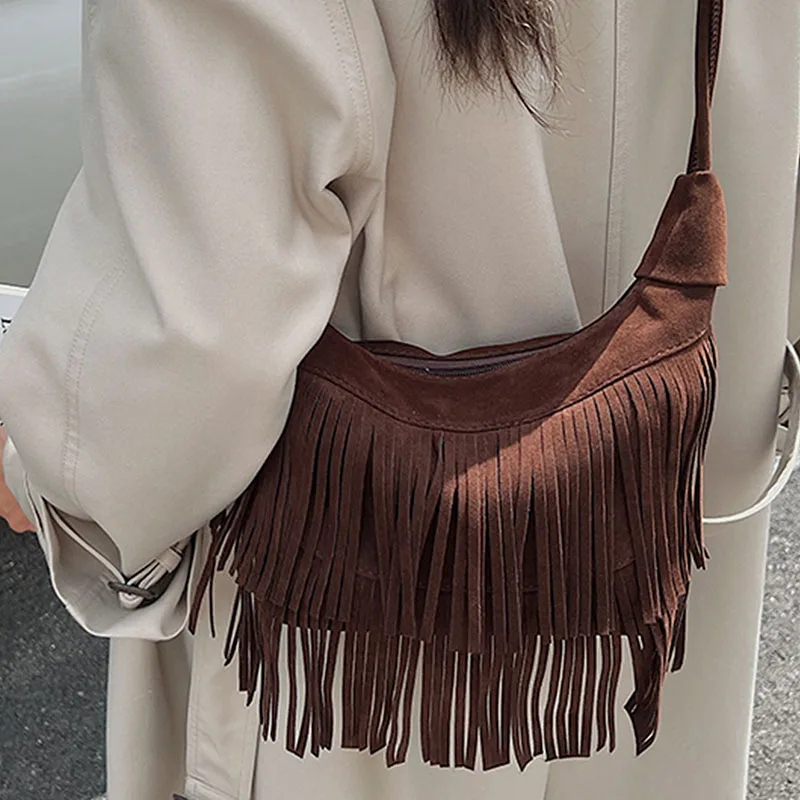 Borsa a tracolla smerigliata con nappa da donna 2025 Borse a tracolla singole versatili vintage autunno inverno Borsa sotto le ascelle con cerniera tinta unita