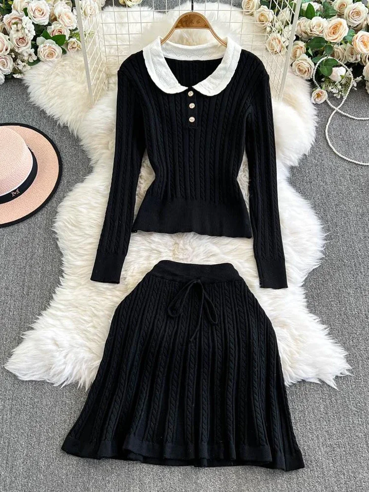 

Elegant Knitted Single Breasted Sweater Suits Women Slim Long Sleeve Tops A-line Mini Skirt Sets 2024 Autumn Lady Outfit 2 Piece