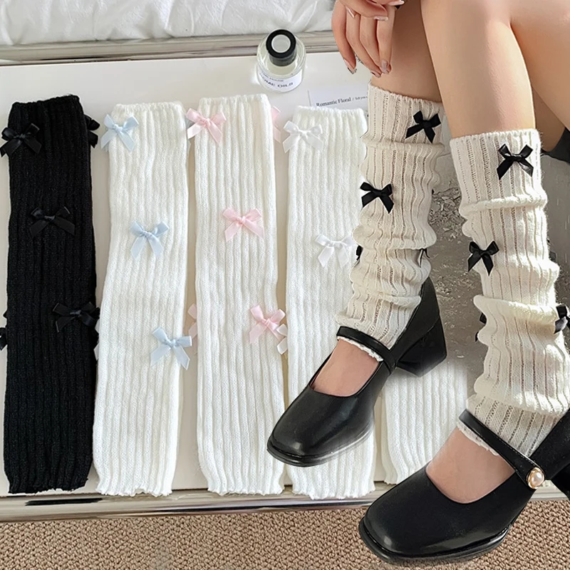 Y2k Japanese Bow JK Knitted Leg Socks Wool Pile Socks Leg Warmer Fashion Punk Harajuku Leg Cover Pile Socks Korean Leg Socks