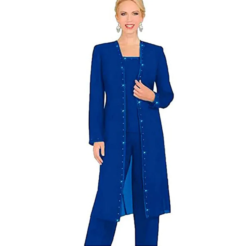 Chiffon pantsuit 3 peças mãe da noiva vestidos de manga longa azul real calças soltas elegante vestido mulher para convidado de casamento