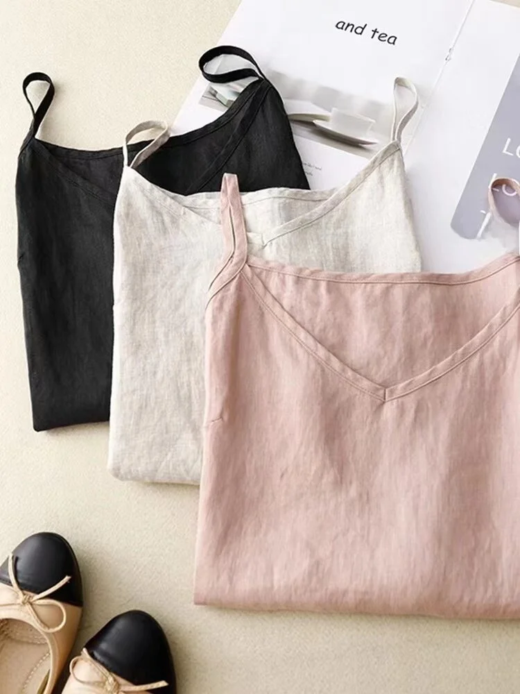 Cotton Linen Sleeveless V-Neck Vest Women's Loose Lightweight Summer New Style Outerwear Inner Match Thin Breathable Top